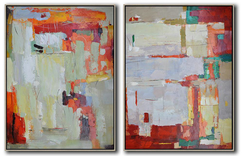 Large Abstract Art Handmade Oil Painting,Set Of 2 Contemporary Art On Canvas,Large Wall Art Canvas,Red,Grey,Orange,Green.Etc